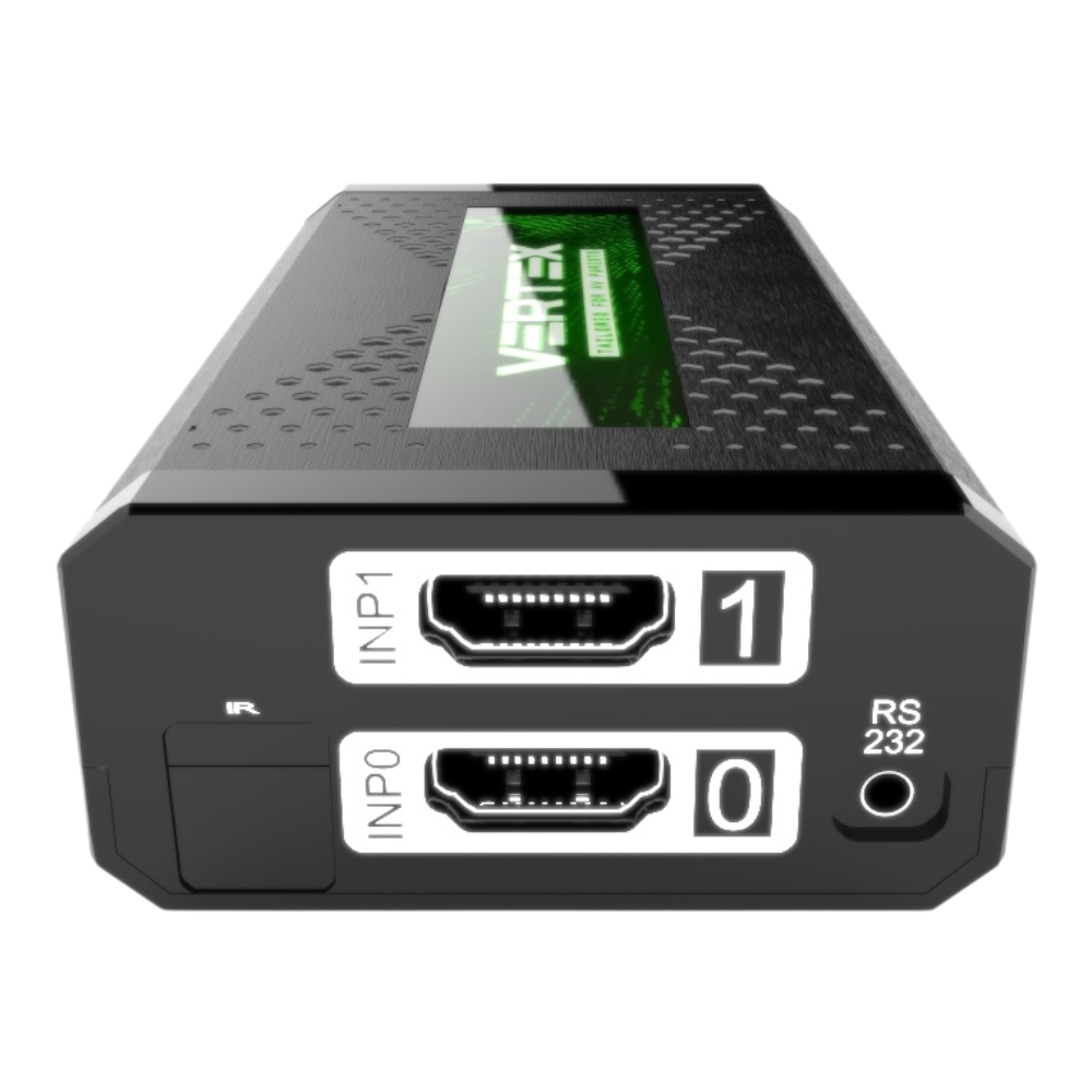 HDfury Vertex input side: HDMI inputs INP0 and INP1, IR receiver and RS232 port